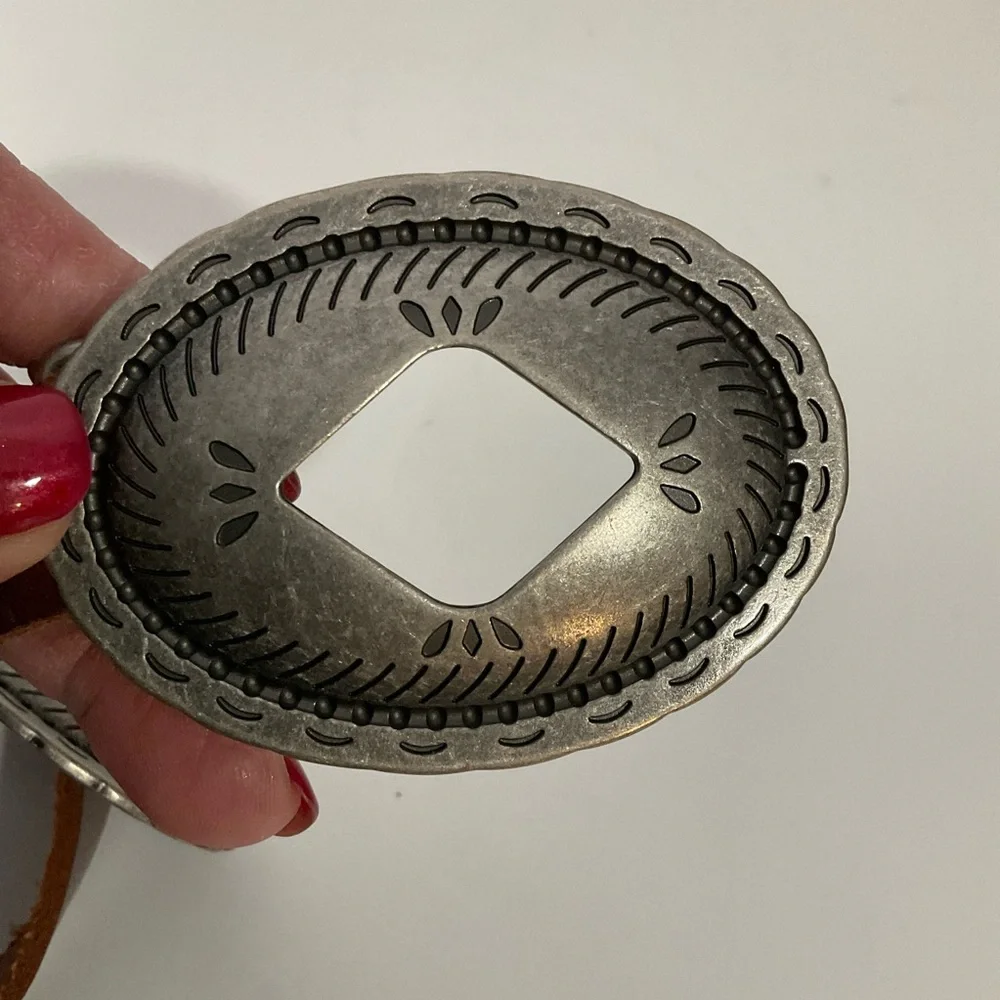 Vintage western brown leather belt; silver medallions; adjustable strap; ~37” L